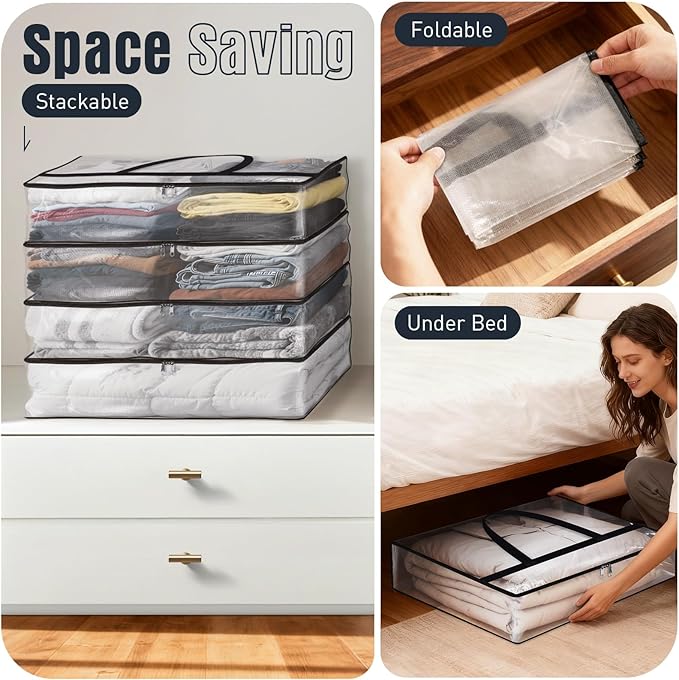 Clear Under Bed Storage Containers - 8 Pack Large Capacity Clothes Storage Bags with Lid & Sturdy Handles, Foldable Moving Bags, Clothing Organizer Totes for Bedding, Comforter, Sheet(40 L)
