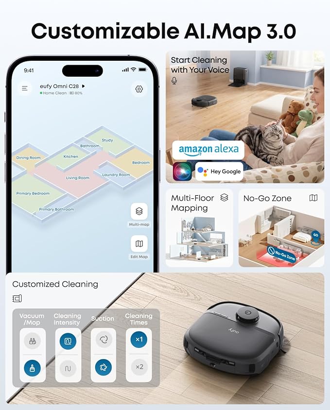 eufy Robot Vacuum C28 for Pet Hair, 15,000 Pa Suction, HydroJetโข Self-Cleaning Roller Mop, DuoSpiral Anti-Tangle Brush, All-in-One Auto-Empty Station, AI Obstacle Avoidance