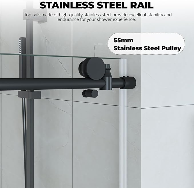 Frameless Bathtub Shower Door 56–60 Inch W × 59 Inch H, Sliding Tub Door with Fixed Panel, 8mm Coated Tempered Glass, Stainless Steel Round Rail, Matte Black
