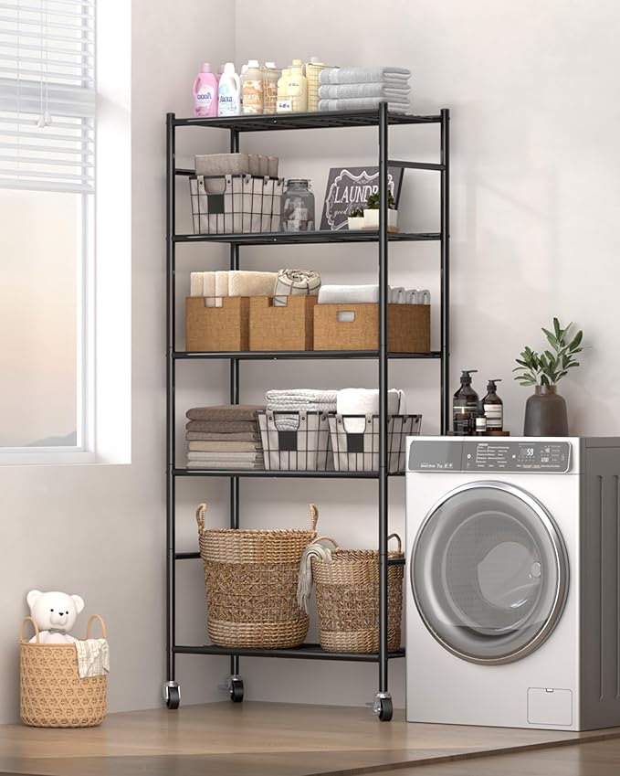 Storage Shelves Organizer - 5 Tier Metal Shelf Organizer with Metal Wheels and Adjustable Leveling Feet, Heavy Duty Garage Shelving for Kitchen, Pantry and Closet, 33.1"x12.6"x73.5", Black