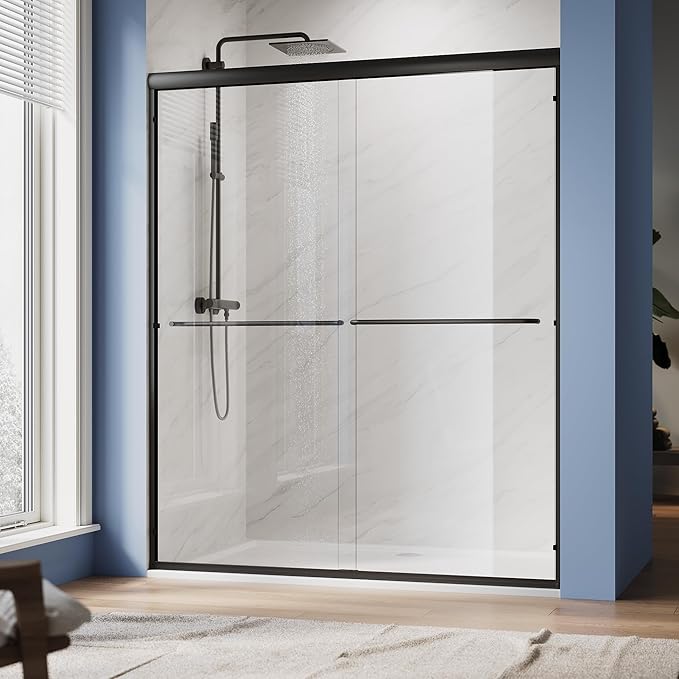 SUNNY SHOWER Double Sliding Glass Door 48" W x 72" H Shower Door 1/4" Tempered Glass Sliding Door Semi-Frameless Shower Glass Enclosure Bypass Walk in Shower Cabin, Matte Black