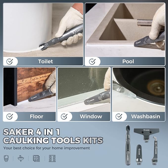 Saker Caulking Tool Kit-Aluminum 4 in 1 Sealant Finishing Tool Grout Remove Scraper Caulk Remover Glass Glue Angle Scraper for Bathroom,Kitchen,Floor,Window,Sink Joint,Frames Seal Silver