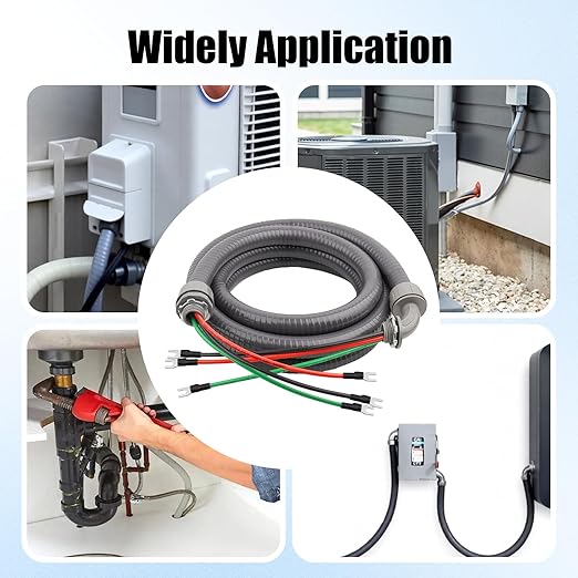 1/2Inch Power Whips Assembly, 6FT Nonmetallic Liquid Tight Flexible Conduit Wire with 3 Conductors 10 Gauge THHN Electrical Wires, A/C Hook-up Whip Kit Electrical Wire(6FTx1/2Inch)