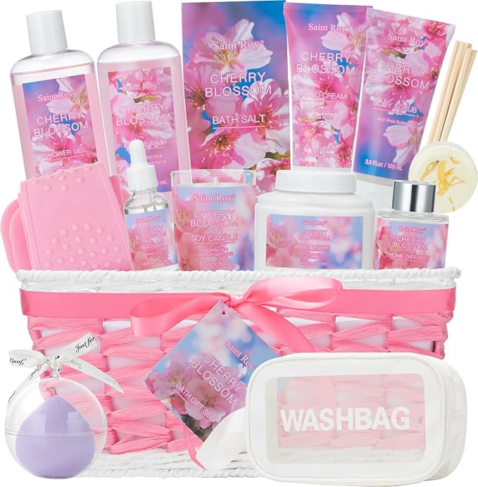 12 Pcs Bath & Body Gift Set Basket for Women, Cherry Blossom Bath and Body Gift, spa kit Skin Care Set, Self Care Pampering Kit, Diffuser, Home Spa, cosmetic Bag, Birthday, Mother Day, Bridal Shower