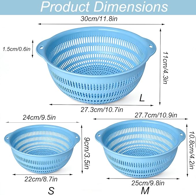 Plastic Wash Basket Round Perforated Colander Wash Vegetables and Fruits Drain Cooked Pasta Kitchen Essentials Food Strainer Basket Strainer Kitchen Blue Yellow green red (3PCS-Blue)