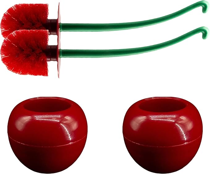 Cherry Toilet Brush Set, Cute Standing Toilet Bowl Brush and Holder Long Handle, Pack of 2, Red