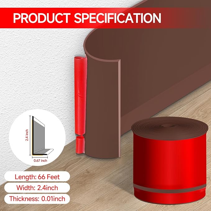 Flexible Baseboard Molding Trim 3 Inch(W) x 66 Feet(L) Self Adhesive Vinyl Wall Base Peel and Stick Cove Base,Rubber Wall Base. (Brown)