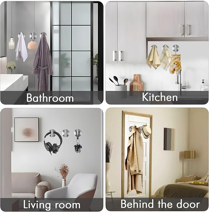 Suction Cup Shower Towel Hooks, Wall Mount Robe Holder, Heavy Duty No Drill Wall SUS304 Waterproof Stainless Steel Hooks for Bedroom, Bathroom, Kitchen, Hotel and Office (2*Brushed Nickel)