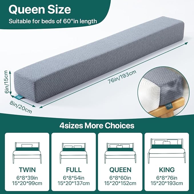 Bed Gap Filler for Headboard & Wall, Mattress Extender Pillow with Removable Cover & Memory Foam, Fills Gaps Between Mattress and Headboard, Stops Items Falling (Dark Gray, King Size)