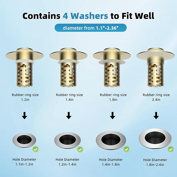 Upgraded Bathroom Sink Drain Strainer Hair Catcher 2PCS Universal 3 in 1 Pop-up Sink Stopper, Fit for 1.1''~2.36'' Basin Hole, with Detachable Stainless Steel Filter Basket, Brushed Gold
