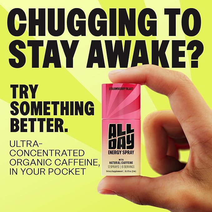 ALLDAY Focus + Energy Spray | Natural Caffeine + L-Theanine + Essential Vitamins | 0 Calorie, 0 Sugar | 12 Spray Bottle | Faster, Cleaner, Smoother Energy (8 Pack Strawberry)