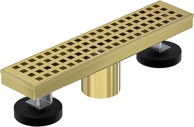 Linear Shower Drain 12 Inch, Modern Rectangle Shower Floor Drain with Removable Quadrato Pattern Grate, Stainless Steel SUS 304, Linear Drain with Leveling Feet& Hair Strainer