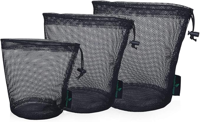 iBasingo 5pcs Black Mesh Nylon Sack With Drawstring - Durable Small Travel Sleeping Bag Stuff Sack for Cosmetics, Shower Gels, Bottles, Tennis Balls, Golf Balls, Tools - BVP03