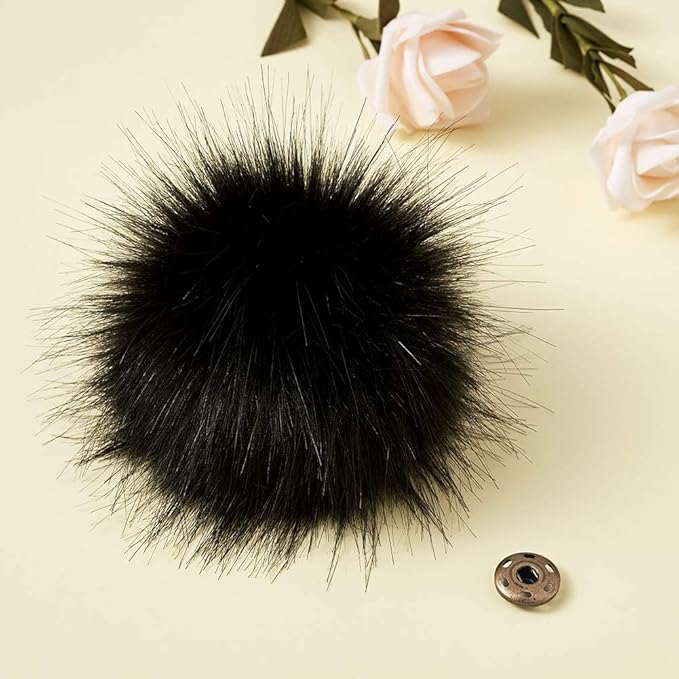 Beadthoven 1Set Faux Fur Fluffy Pom Pom Ball with Press Button for Knitting Hat Crocheted Hats Shoes Scarves Bag DIY Handmade Accessories 10cm Black