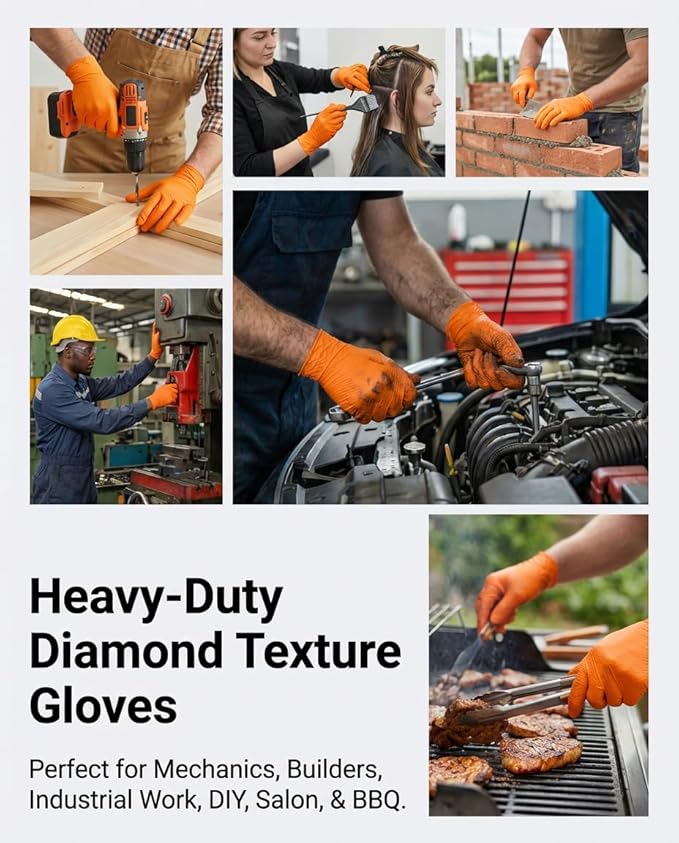 wcy 9 Mil Heavy Duty Orange Nitrile Gloves,Raised Diamond Texture Grip,Industrial Mechanic Rubber Gloves Disposable Latex Free Chemical Resistant Guantes for Work,Cooking,Food Safe - Large,80Count