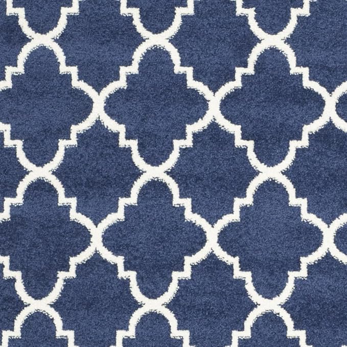 SAFAVIEH Amherst Collection Runner Rug - 2'3" x 21', Navy & Beige, Moroccan Trellis Design, Non-Shedding & Easy Care, Ideal for High Traffic Areas in Living Room, Bedroom (AMT422P)