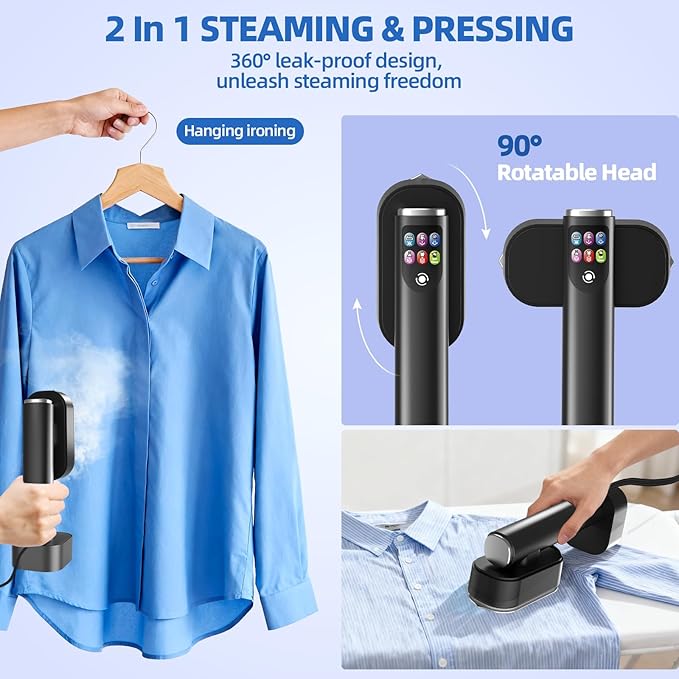 Travel Steamer for Clothes,1300W Portable Steamer&Iron 2 In 1,15s Heat Up,LED Touch Display with 6 Modes,35Mins Runtime &190ml Lager Tank,Garment Steamer for Travel and Home 𝟏𝟏𝟎𝐕