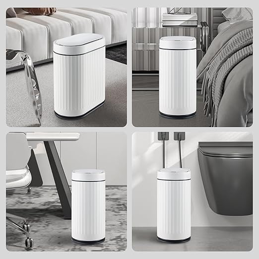 ELPHECO Bathroom Trash Can with Lid 2 Gallon Motion Sensor Garbage Can 7.5 Liter Small Trash can Touchless Bathroom Decor Waterproof Smart Waste Bin with Stripes for Bedroom, Office (White-Black)