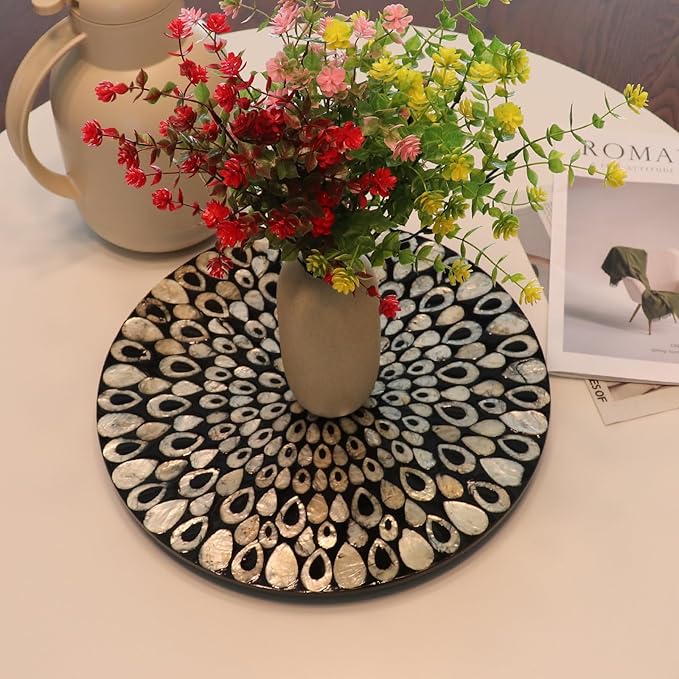 13.8" Mother of Pearl Lazy Susan Turnable Organizer, 360 Degree Round Table Countertop Decorative Spinning Tray for Kitchen Cabinet Counter Spice Pantry Dinner Table (Black Peacock Feather)