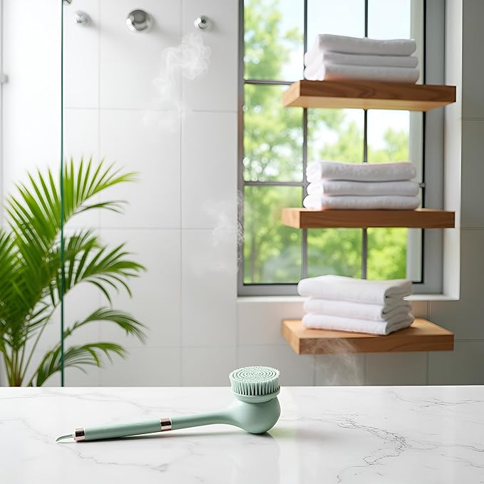 Rechargeable Electric Back Scrubber Body Brush with 3 Gears Multifunctional Shower Bathing Tool, Detachable Long Handle & 6 Brush Heads for Complete Shower Use - Light Green