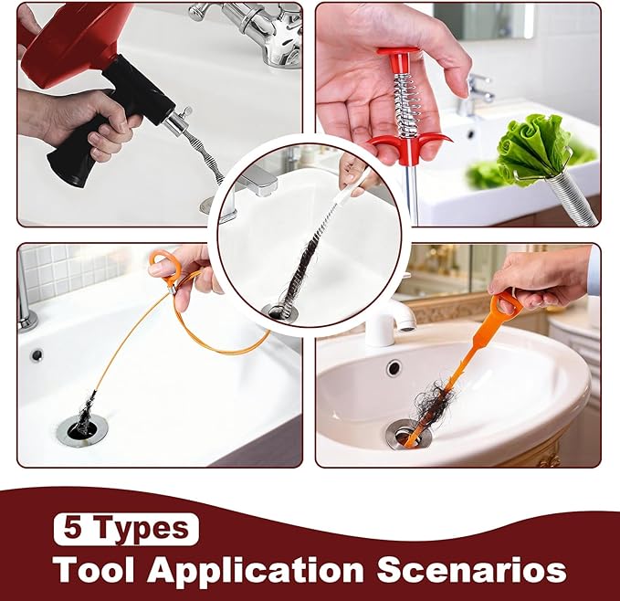 33 ft Snake For Drain,Plumbing Snake, Heavy Duty Flexible Hair Clog Remover Drain Snake Tool for Shower, Bathroom, Bathtub and Kitchen Sink Pipes (Red)