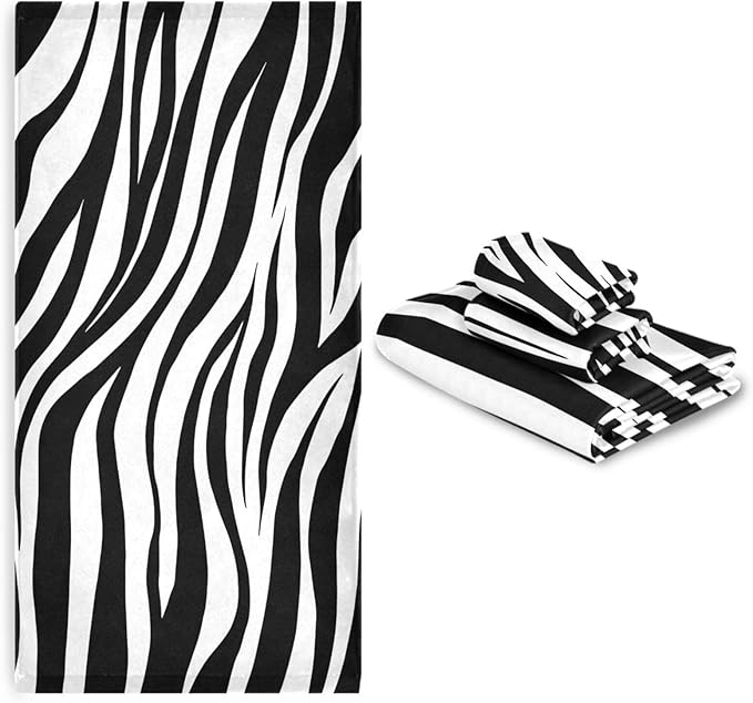 3 Piece Zebra Animal Skin Print Bath Towels Set,Microfiber Modern Black White Striped Abstract Decorative Bathroom Towels,1 Bath Towel 1 Hand Towel for Bathroom Kitchen,1 Washcloth for Face
