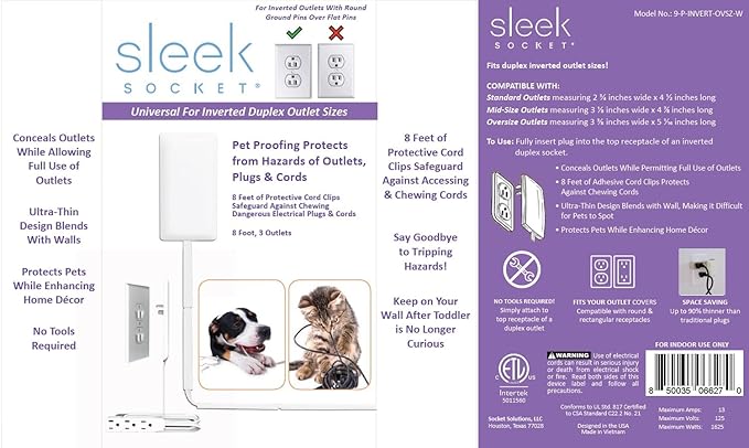 Sleek Socket Original & Patented Pet Proofing Outlet Concealer for Inverted Outlets with Protective Cord Clips, 8-Foot Flat Extension Cord with Multiple Outlets, Safeguard from Chewing Dangerous Cords