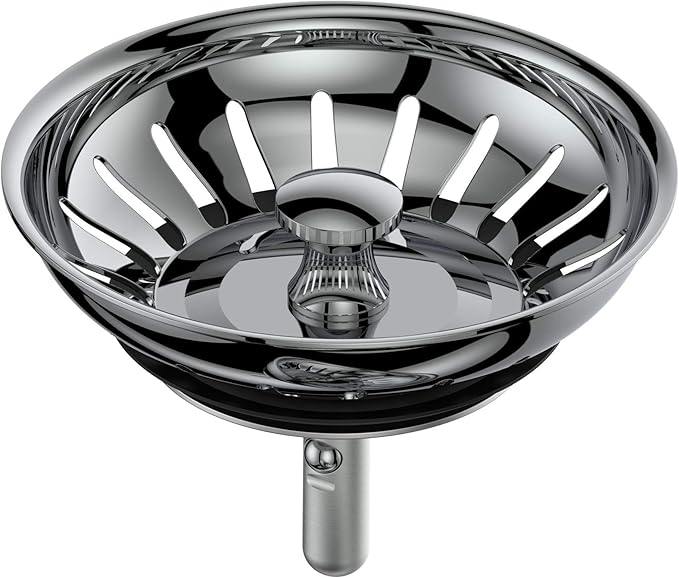 KANARY Stainless Steel Kitchen Sink Strainer Basket-Replacement for Standard Drains(3-1/2 Inch)-Ball-Lock Rubber Stopper (Single, Stainless Steel)