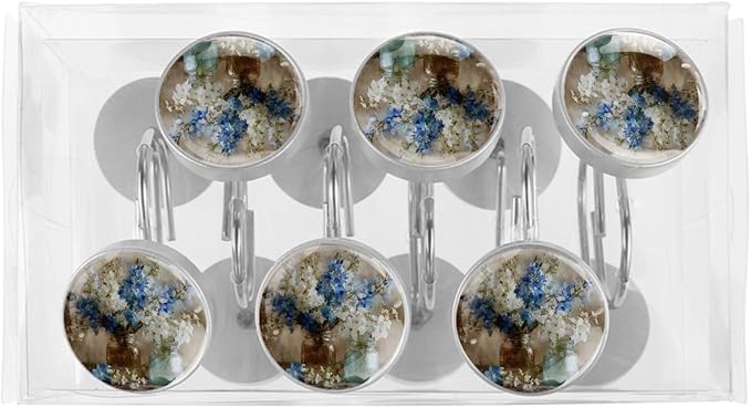 12 Packs Vintage Flowers Vase Shower Curtain Hooks, Stainless Steel Glass Shower Curtain Rings for Bathroom Decor, Metal Rustproof Curtain Rod Hooks