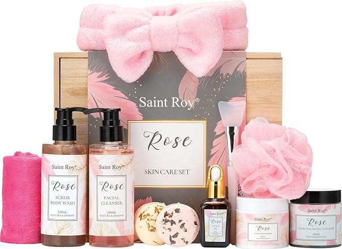 Spa Gifts for Women - 10pcs Self Care Kit with Rose Scented Facial Cleanser, Scrub, Body Wash, Clay Mask, Essential Oil