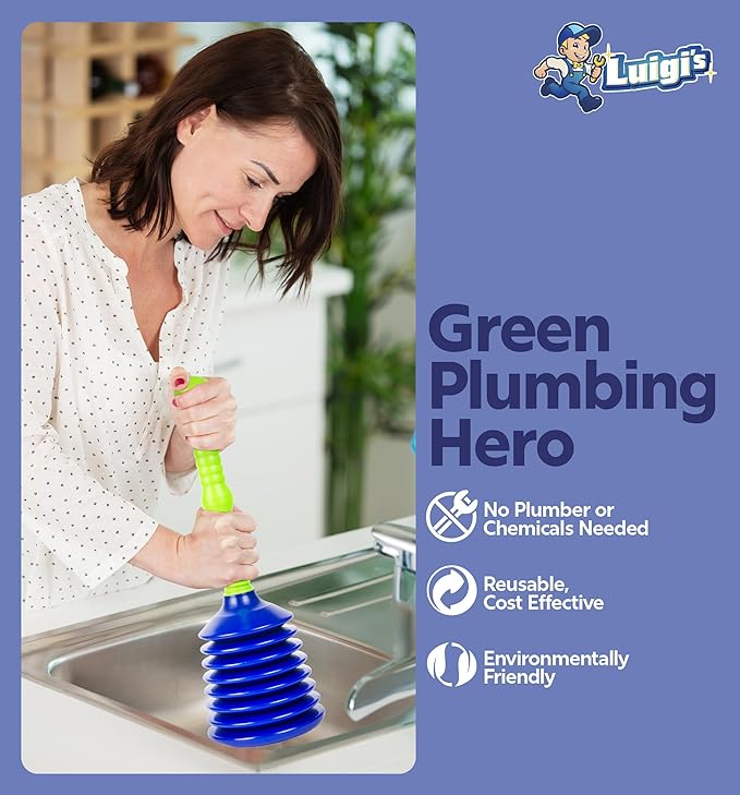 Luigi's Sink Plunger Kitchen - Sink Plunger Bathroom - Drain Bathtub or Shower - Small and Powerful Clog Remover - Commercial Style "Plumbers Plungers" with Large Bellows - Blue - Small