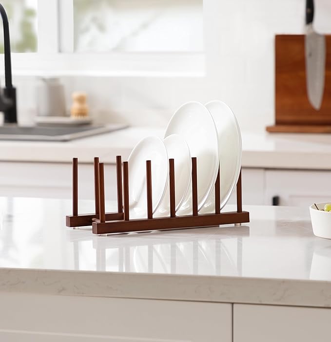 HBlife 4pcs 6 Slots Teak Dish Plate Bowl Cup Book Pot Lid Cutting Board Drying Rack Stand Drainer Storage Holder Organizer Kitchen Cabinet(Keep Dry)