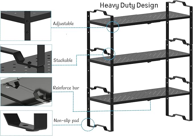 Expandable Shelf Cabinet Organizer Adjustable Stackable Spice Rack at Kitchen and Bathroom More, Countertop Cupboard Organization Pantry Storage (1 Pack/Black, M)