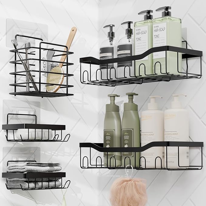 Clara Clark Bathroom Accessories Set - 28PC Bathroom Set with Adhesive Corner Shower Caddy Hanging, Bathroom Sets with Shower Curtain and Rugs, Green Shower Curtain Set with Bathroom Trash Can