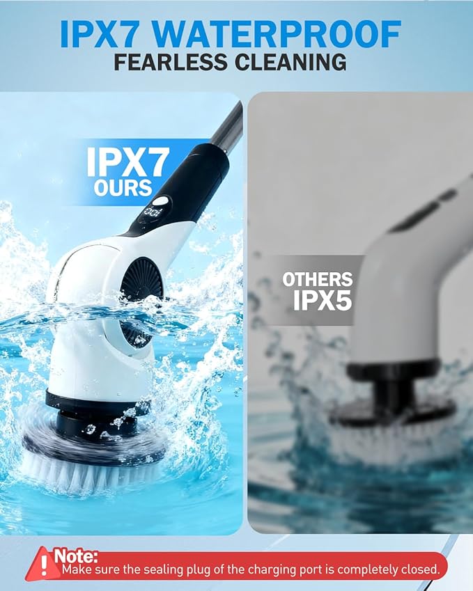 Electric Spin Scrubber, 3-Speed Shower Cleaner Brush with 10 Replaceable Brush Heads, 90 Mins Runtime & Full-Body IPX7 Waterproof Cordless Shower Scrubber with Long Handle