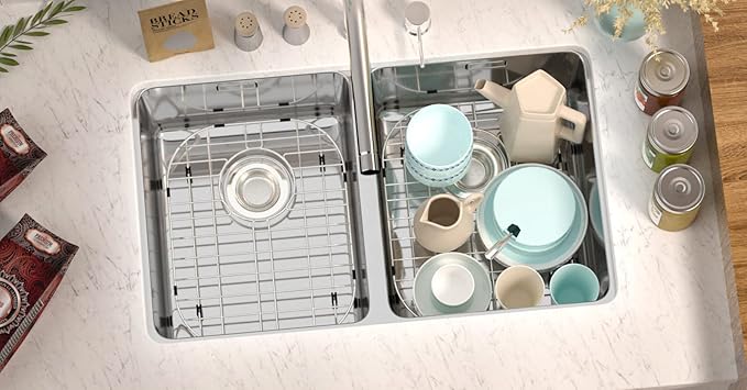SANNO Kitchen Sink Protectors,Sink Grid with Rear Drain Hole, Double Sink Rack, 16.14"*13",Stainless Steel