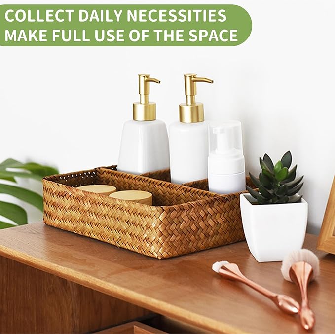 Large Wicker Baskets 4-Section Tea Bag/Sugar Packet Holder,Seagrass Woven Compartment Organizer,Storage Rattan Divided Basket,Office-Desk Baskets for Shelves,Pantry,Coffee Station Organizer-Natural