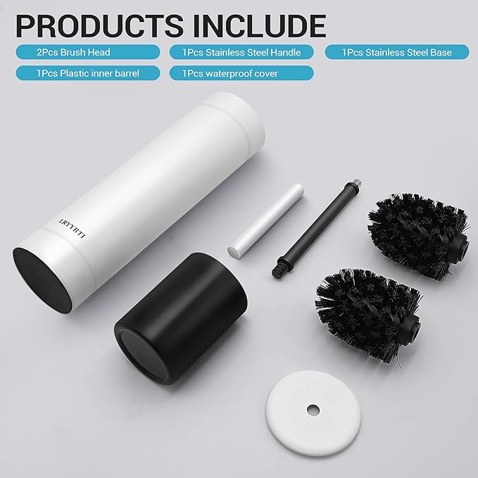 304 Stainless Steel Toilet Bowl Brush with Holder, 2 Black Bristle Heads- Toilet Scrubber and Covered Holder, Toilet Brushes for Bathroom-Space Saving, Covered Brush, Deep Cleaning (White)