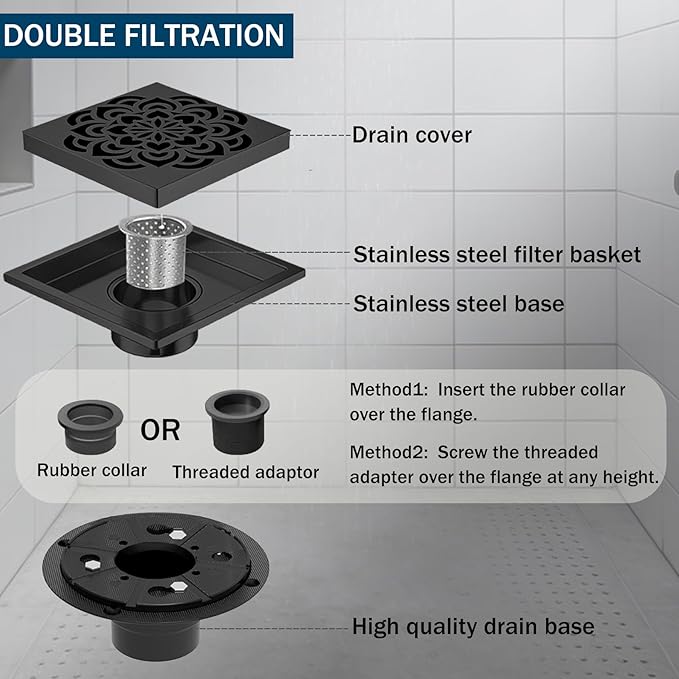 6 Inch Shower Drain, Square Shower Floor Drain Kit with Flange and Removable Cover Grate, AISI 304 Stainless Steel, Matte Black