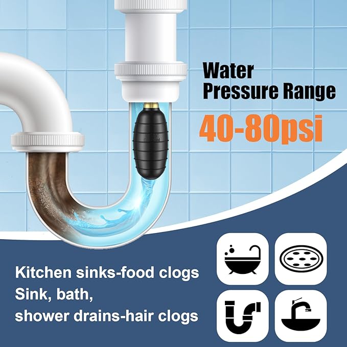Medium Drain Cleaning Bladder Fits 1.5"–3" Pipes, Drain Bladder Unclogger for Bathroom Sinks, Showers, Swimming Pool Drains, Kitchen Sinks and Main Drains