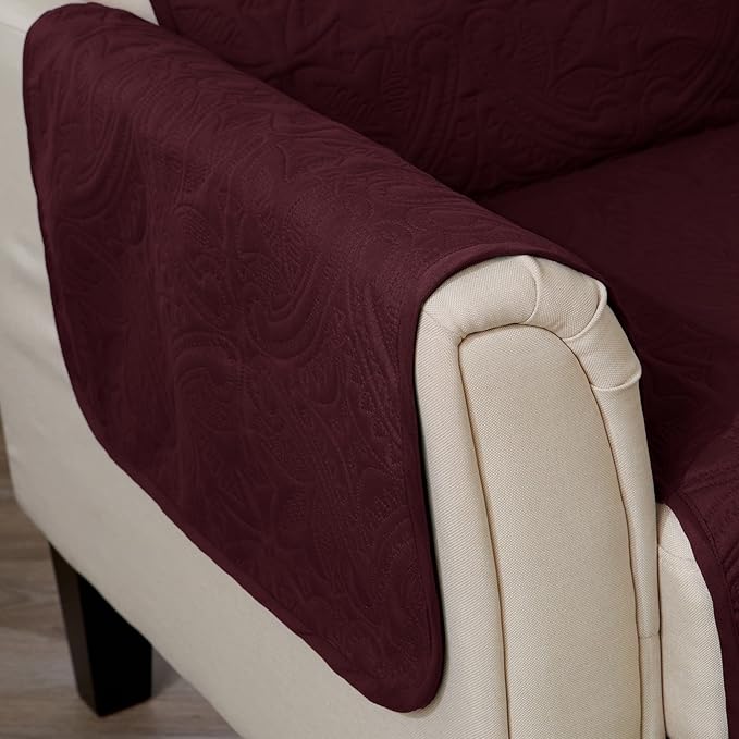 Great Bay Home Reversible Sofa Cover - Washable Slipcover Furniture Protector with Elastic Straps - Couch Cover for Dogs, Kids, and Pets - Quilted & Stitched Detail (Sofa, Wine/Light Grey)