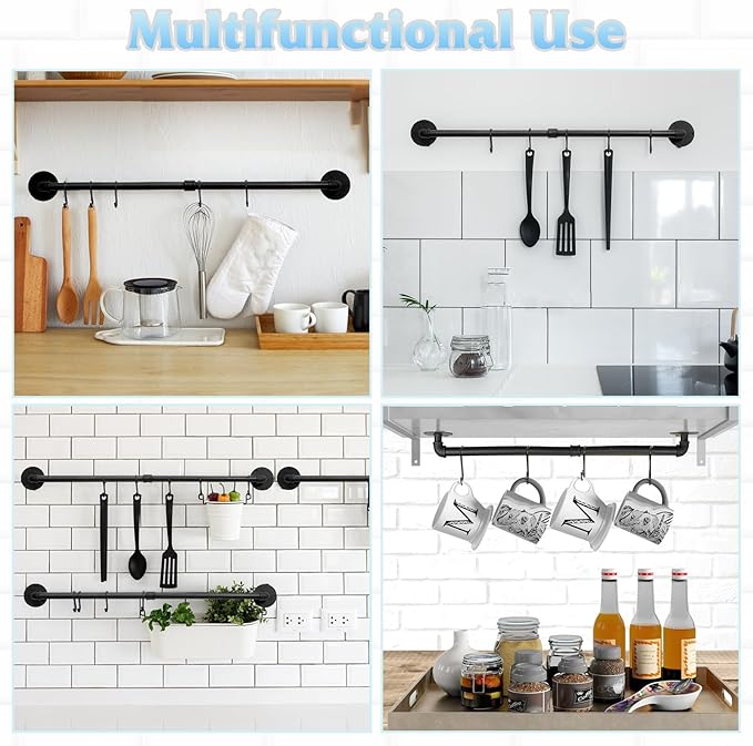 32 inch Pot Rack Wall Mounted Pan Hangers for Kitchen, Industrial Pipe Utensils Hanging Rail Iron Detachable Storage Organizer Lids Holder with 8 S Hooks, Black