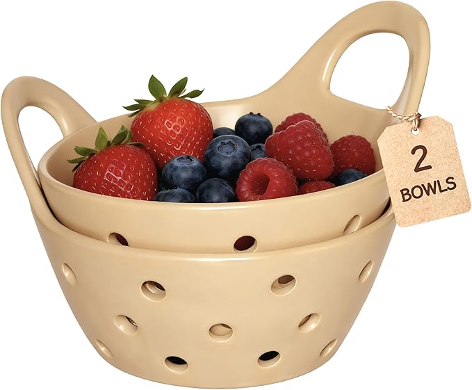 Ceramic Berry Basket Colander Strainer Set of 2 with Comfort Handles for Washing and Serving Fruits (Beige)