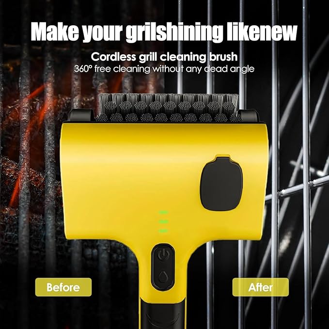 Electric BBQ Brush, Cordless BBQ Brush, Electric BBQ Cleaning Brush with Liquid Box, with 2 Adjustable Speed 360° Rotating Heads, Two Replaceable Heads for BBQ Bathroom Kitchen