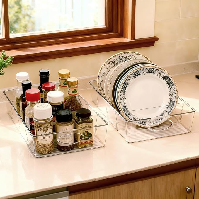 2 Pack Lid Organizer for Kitchen Cabinet Food Storage Container Lids, Clear Plastic Adjustable Dividers, Lid Organizers Inside Cabinet for Kitchen Organizers and Storage
