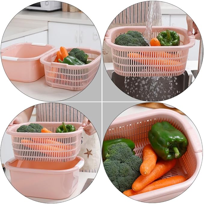 BESTonZON Double Layer Draining Basket with Fast Drain Holes Plastic Colander for Vegetable and Fruit Washing and Kitchen Food Prep 5.91 X 10.24 X 5.91 Inches