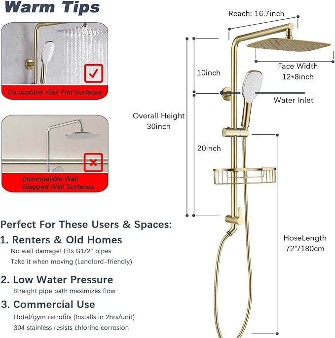 SonTiy Rain Shower Head System with Handheld Spray, 360° Adjustable Shower Arm Exposed Showerhead Kit with Caddy for Whole Family, Brushed Gold