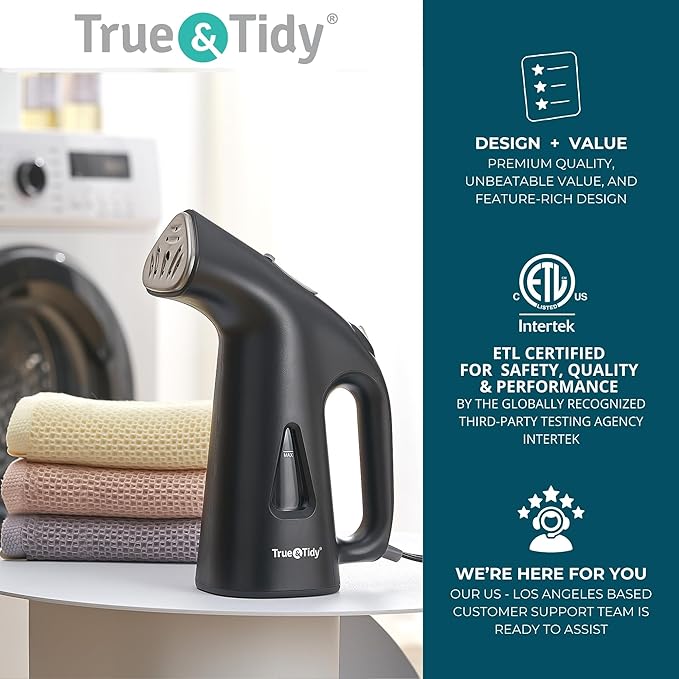 True & Tidy® Handheld Garment Steamer for Clothes with Water Cup Accessory, Portable Travel Steam Iron, Stainless Steel Plate up to 10 mins of Continuous Steam, 800 Watts, Black
