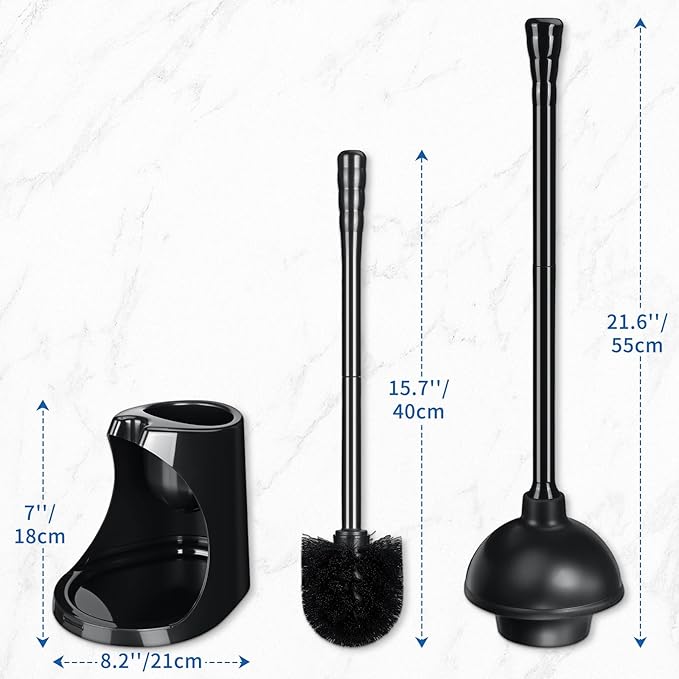 Qaestfy Toilet Plunger and Brush Set for Bathroom Cleaning, 2-in-1 Long Handle Toilet Bowl Brush with Stiff Bristles & Powerful Plunger, Space-Saving Holder (Pack of 1)