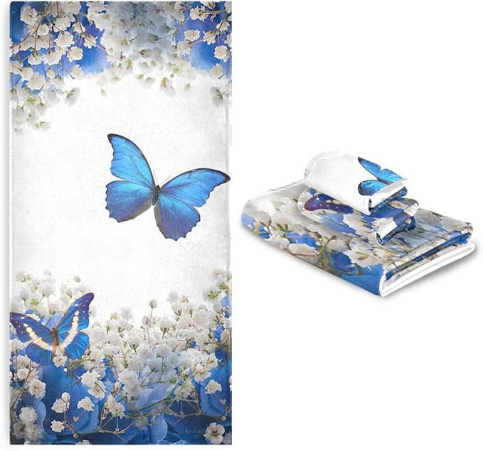 Spring Floral Bath Towels Set,Absorbent Soft 3 Piece Blue White Butterfly Elegant Flower Towel Set for Bathroom,1 Bath Towel 1 Hand Towel 1 Washcloth,Quick Dry Decoractive Bathroom Towels